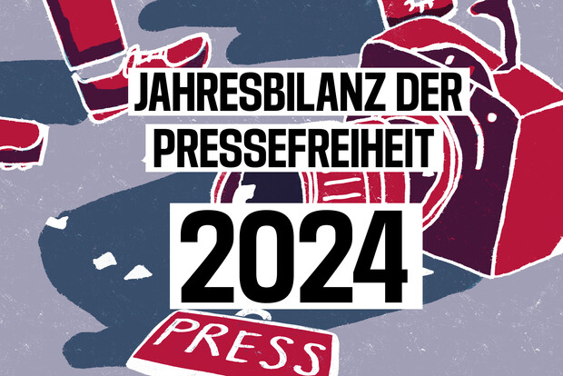 Illustration zu "Jahresbilanz der Pressefreiheit 2024", auf dem Boden liegt eine Kamera, deren Objektiv kaputt ist, inkl. Glassplittern auf dem Boden, dazu ein Schild mit Presse.